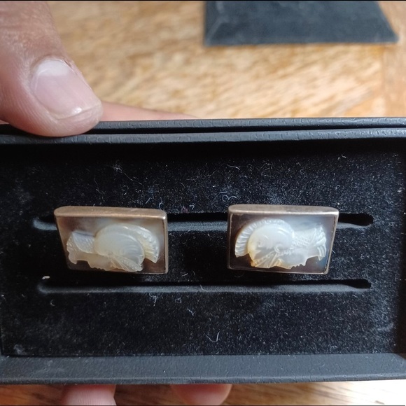 VINTAGE STERLING SILVER MOTHER OF PEARL MOP CAMEO CUFFLINKS. - Picture 4 of 8